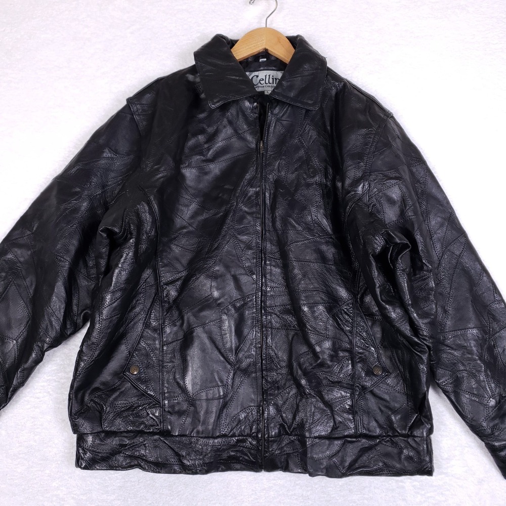 Cellini Vintage Leather Jacket L Patchwork Bomber Black 90s Biker Oversized